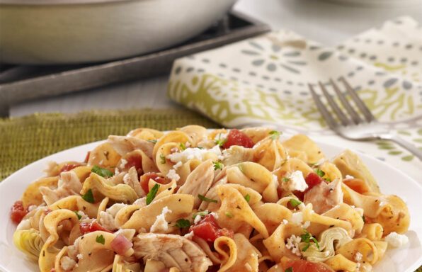 Mediterranean Tuna Noodle Skillet Tuna and noodles gets a modern twist thanks to fresh, new flavors from artichokes, tomato and feta cheese. Ready in just 30 minutes!